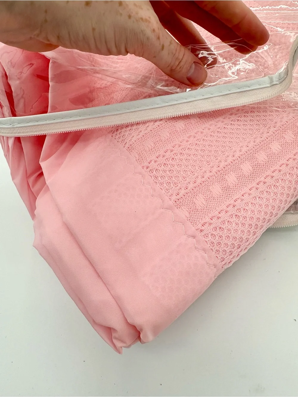 VINTAGE 1960’s Rosebud Baby Blanket Pink Satin Trim Fleece Lining Made in USA